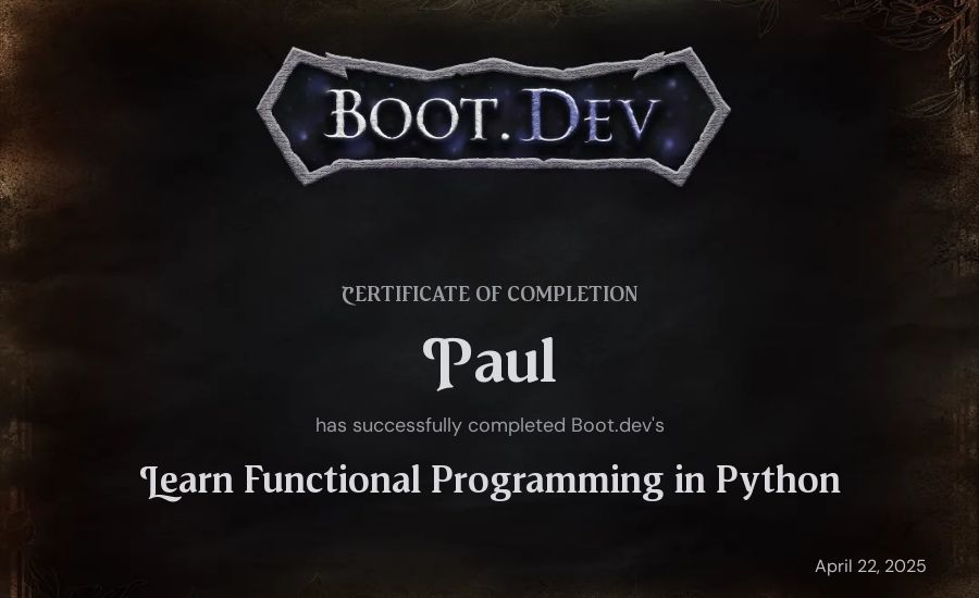 Paul's Boot.dev Learn Functional Programming in Python certificate