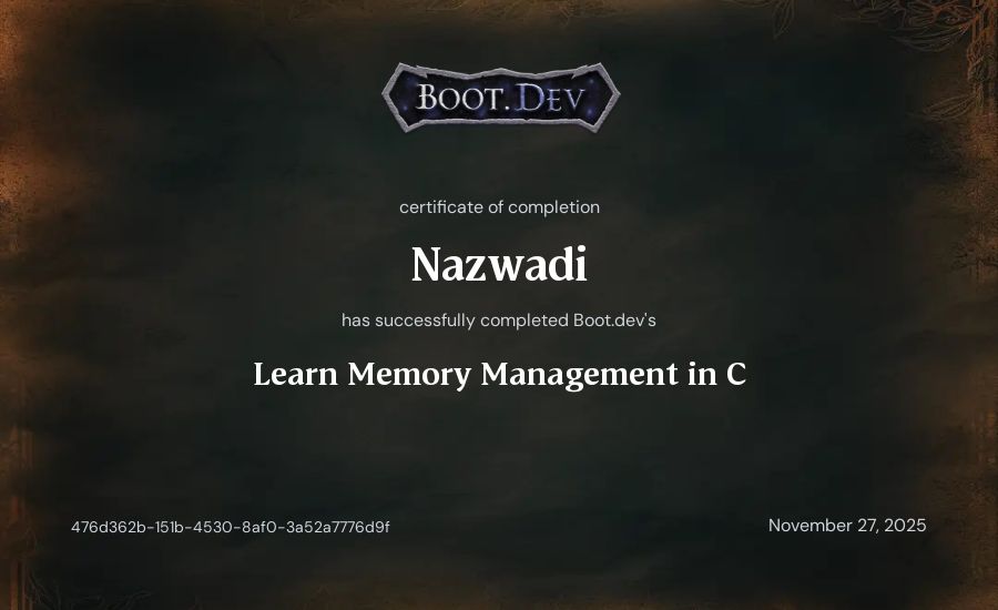 Nazwadi's Boot.dev Learn Memory Management in C certificate