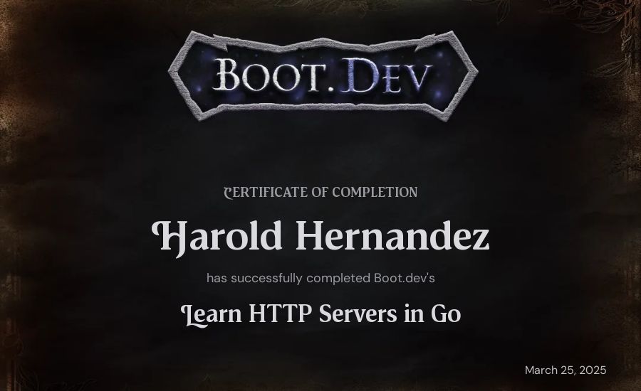 Harold Hernandez's Boot.dev Learn HTTP Servers in Go certificate