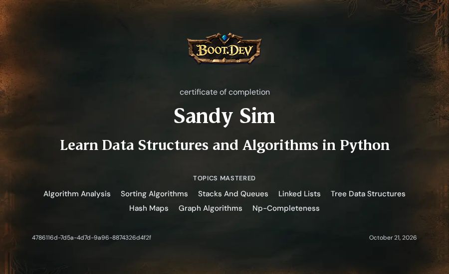 Sandy Sim's Boot.dev Learn Data Structures and Algorithms in Python certificate