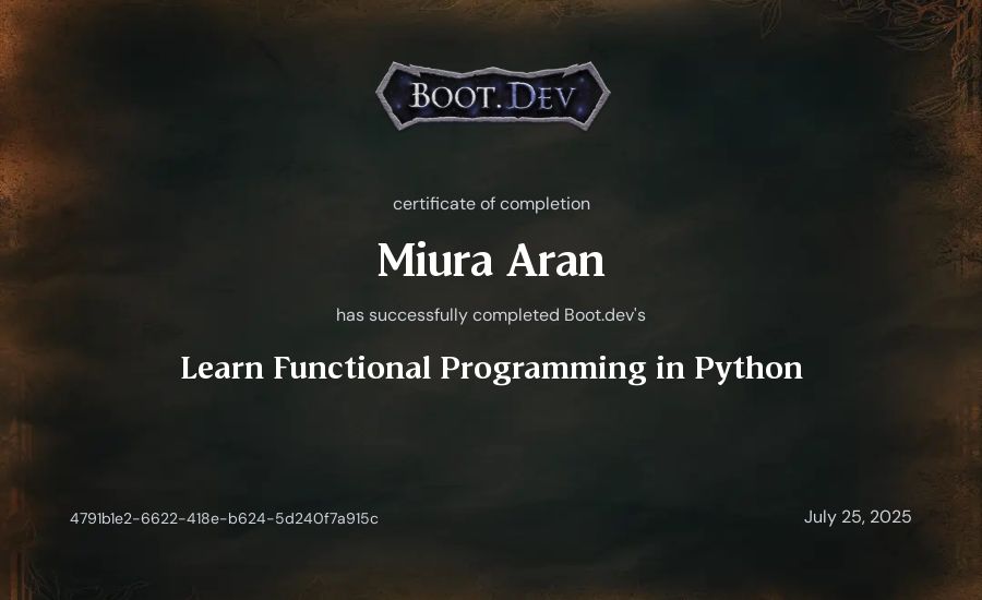 Alan Corleto's Boot.dev Learn Functional Programming in Python certificate