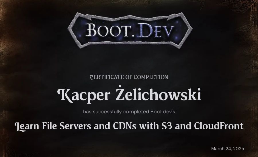 Kacper Żelichowski's Boot.dev Learn File Servers and CDNs with S3 and CloudFront certificate