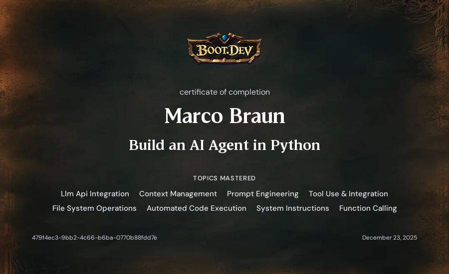 Marco Braun's Boot.dev Build an AI Agent in Python certificate