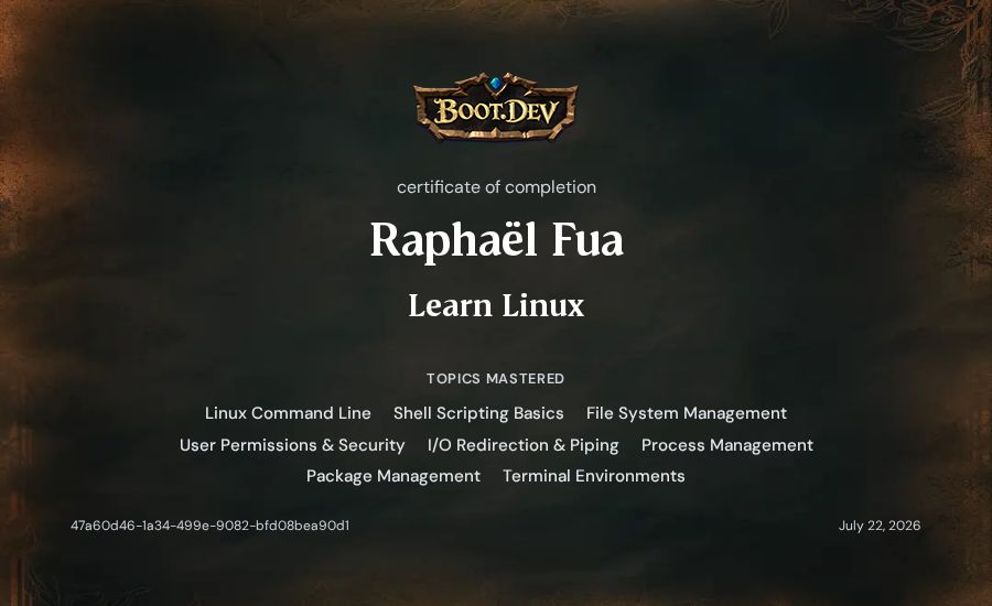 Raphaël Fua-Marcou's Boot.dev Learn Linux certificate