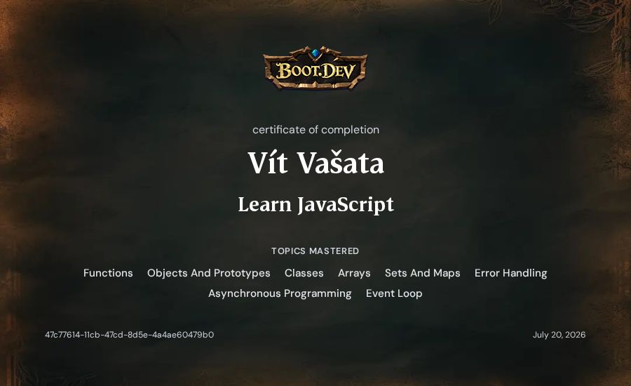 Vít Vašata's Boot.dev Learn JavaScript certificate
