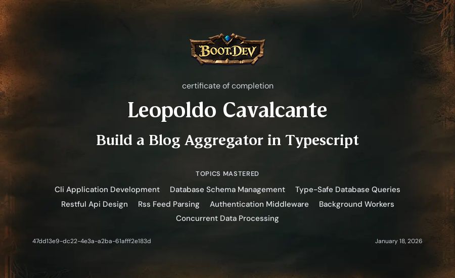 Leopoldo Cavalcante's Boot.dev Build a Blog Aggregator in TypeScript certificate