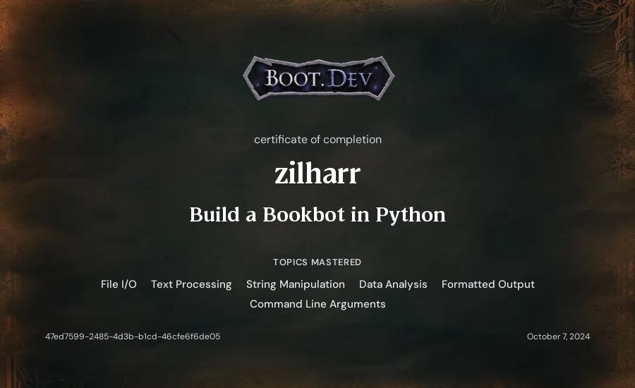 zilharr's Boot.dev Build a BookBot in Python certificate