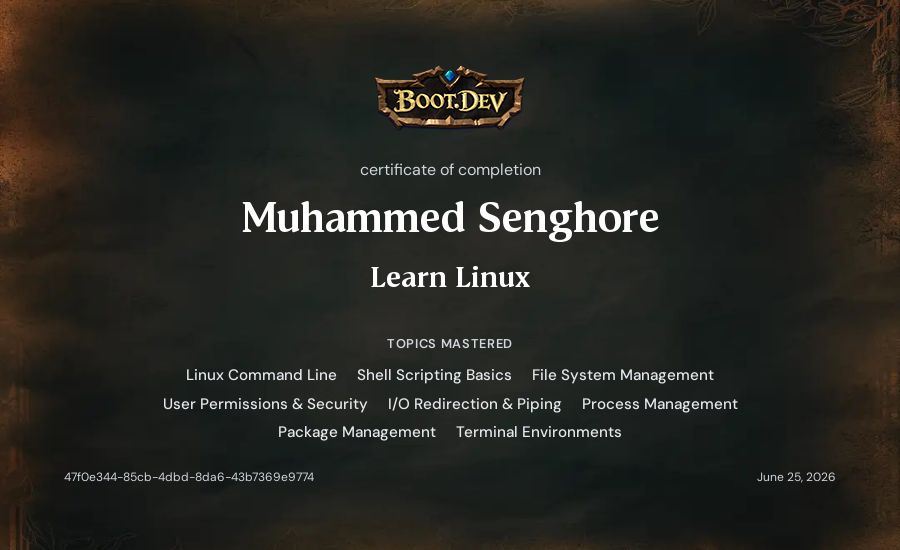Muhammed Amin Senghore's Boot.dev Learn Linux certificate