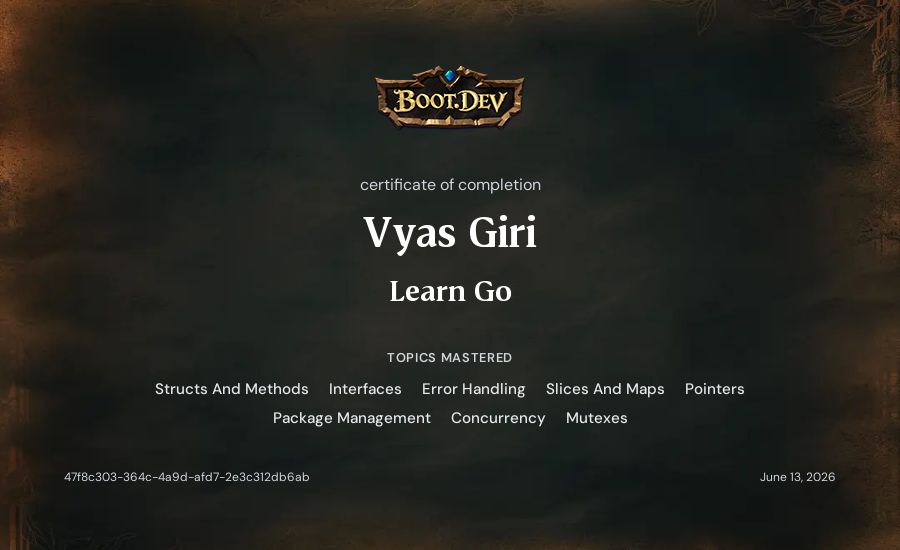 Vyas Giri's Boot.dev Learn Go certificate