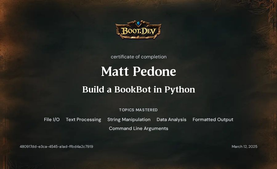 Matt Pedone's Boot.dev Build a BookBot in Python certificate