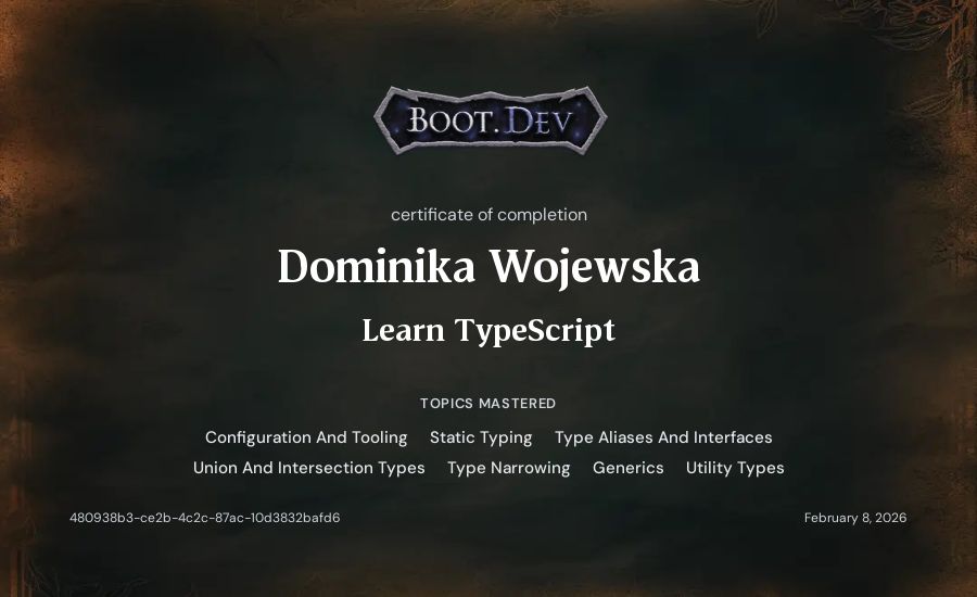 Dominika Wojewska's Boot.dev Learn TypeScript certificate