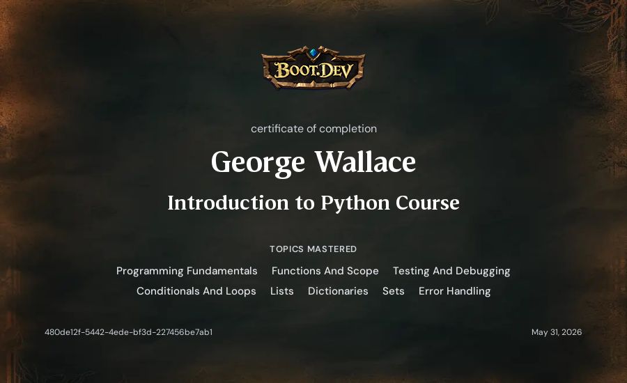 George Wallace's Boot.dev Introduction to Python Course certificate