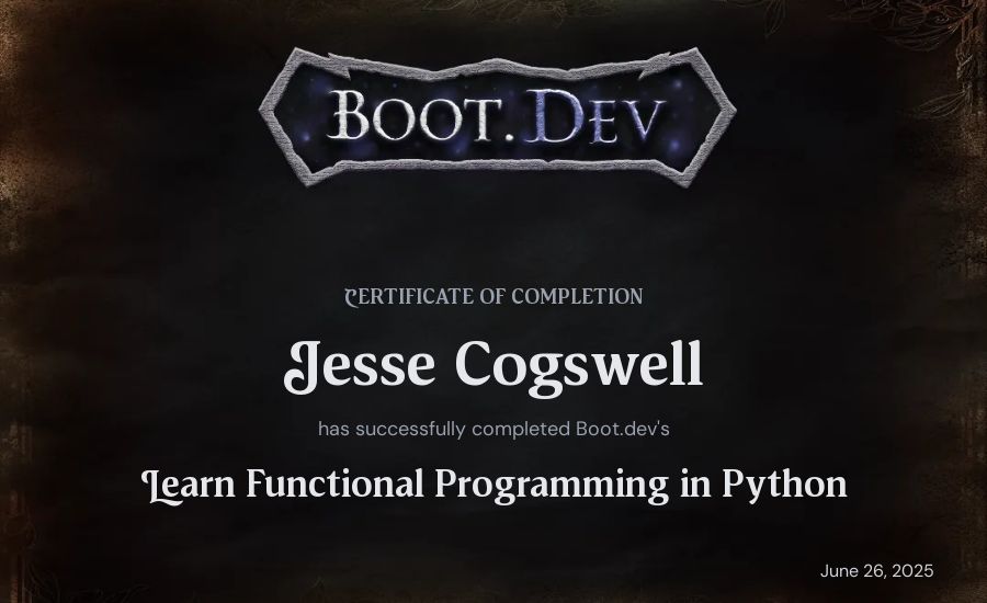 Jesse Cogswell's Boot.dev Learn Functional Programming in Python certificate