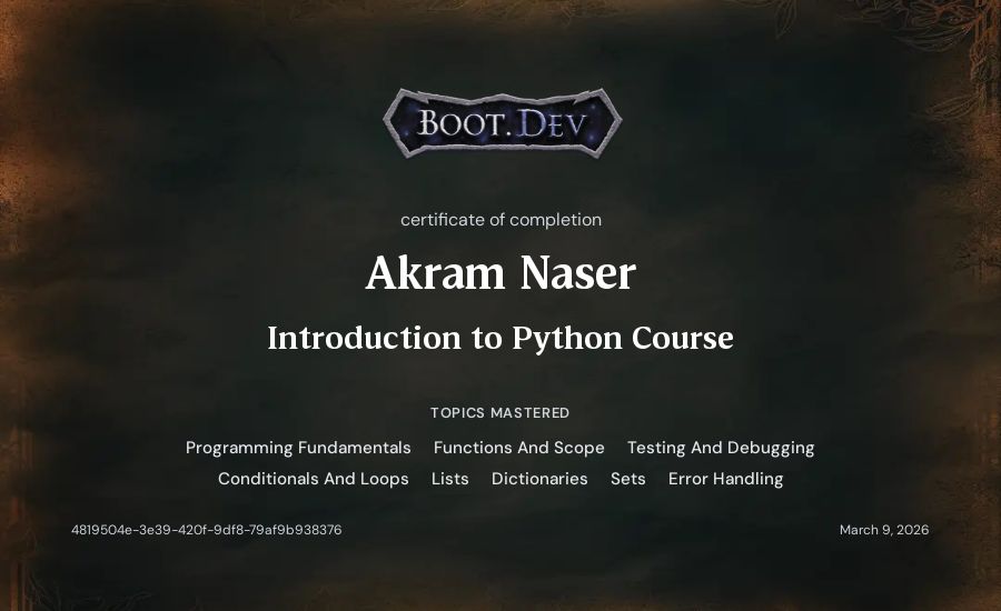 Akram Naser's Boot.dev Introduction to Python Course certificate