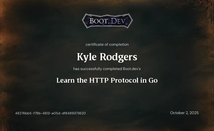 Kyle Rodgers's Boot.dev Learn the HTTP Protocol in Go certificate