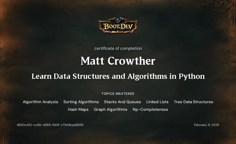 Matt Crowther's Boot.dev Learn Data Structures and Algorithms in Python certificate