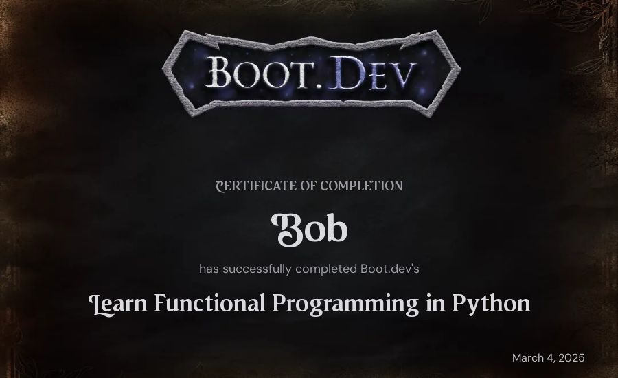 Bob Saludo's Boot.dev Learn Functional Programming in Python certificate