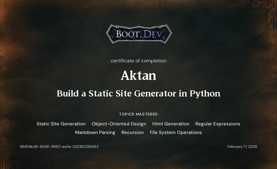 Aktan's Boot.dev Build a Static Site Generator in Python certificate
