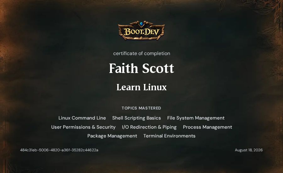 Faith Scott's Boot.dev Learn Linux certificate