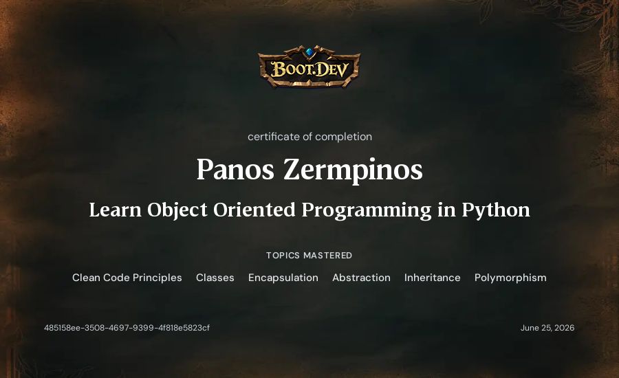 Panos Zermpinos's Boot.dev Learn Object Oriented Programming in Python certificate