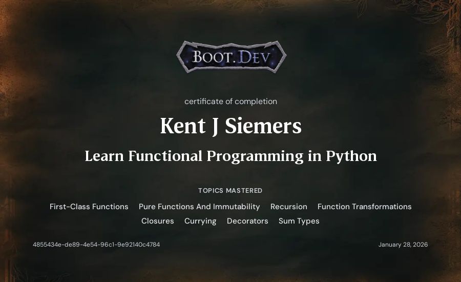 Kent J Siemers's Boot.dev Learn Functional Programming in Python certificate