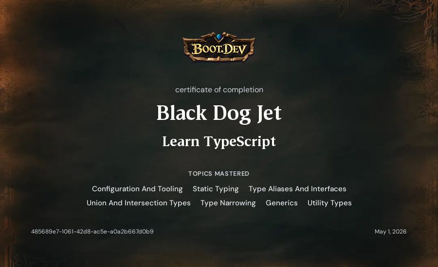 Black Dog Jet's Boot.dev Learn TypeScript certificate