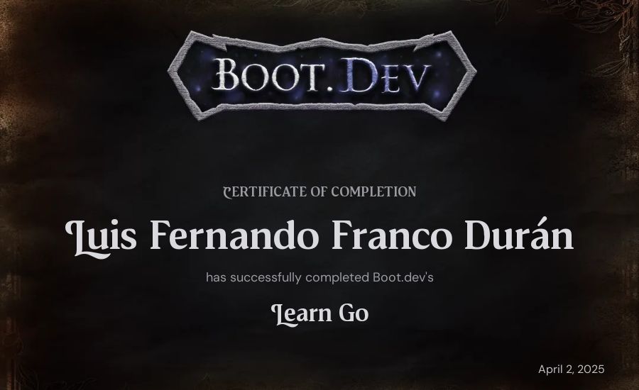 Fernando Franco's Boot.dev Learn Go certificate