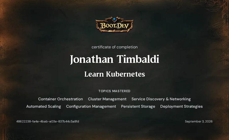 Jonathan Timbaldi's Boot.dev Learn Kubernetes certificate