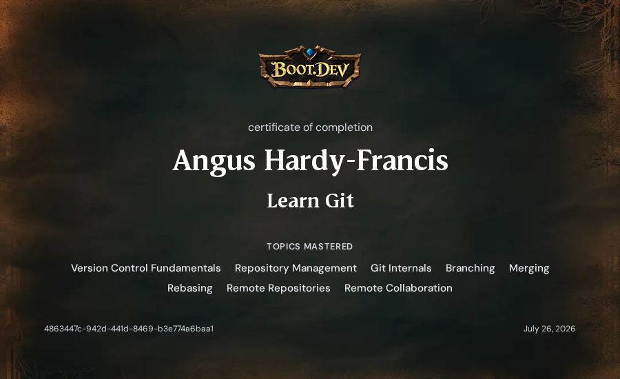 Angus Hardy-Francis's Boot.dev Learn Git certificate