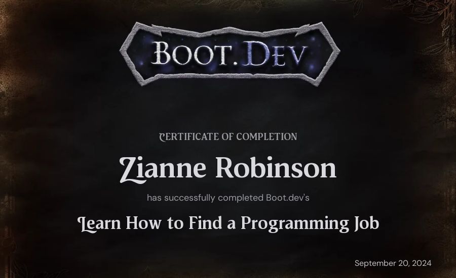 Zianne Robinson's Boot.dev Learn How to Find a Programming Job certificate