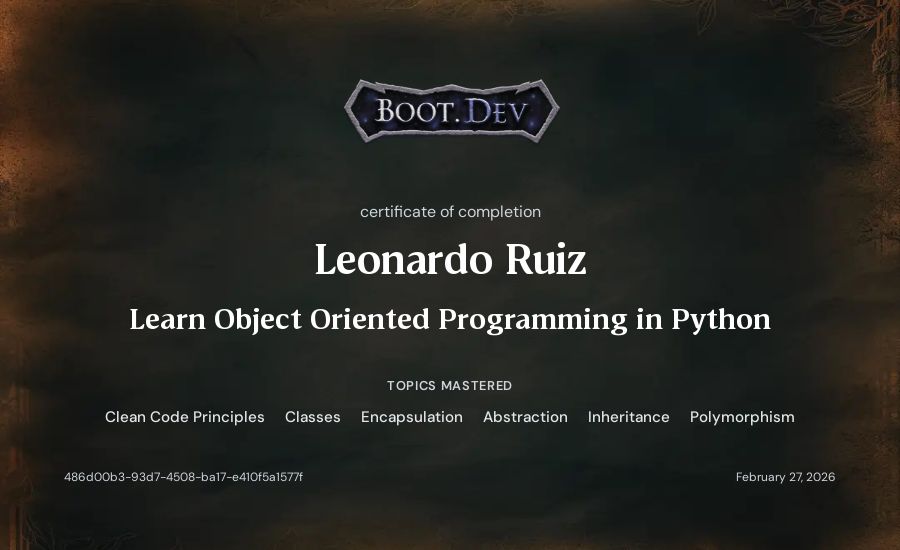 Leonardo Ruiz's Boot.dev Learn Object Oriented Programming in Python certificate