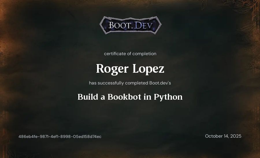 Roger Lopez's Boot.dev Build a BookBot in Python certificate
