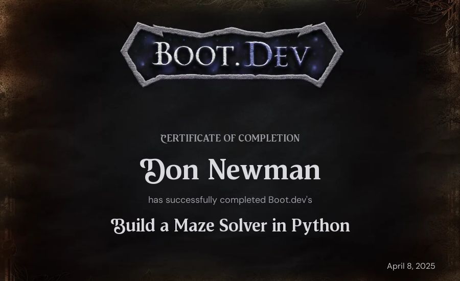 Don Newman's Boot.dev Build a Maze Solver in Python certificate