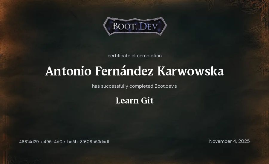 Antonio Fernández Karwowska's Boot.dev Learn Git certificate
