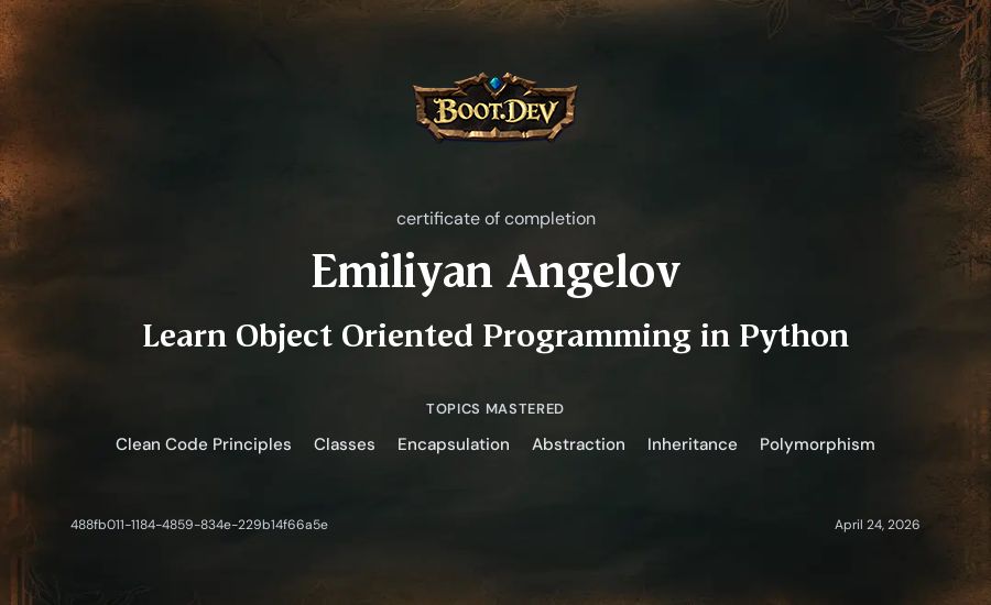 Emiliyan Angelov's Boot.dev Learn Object Oriented Programming in Python certificate