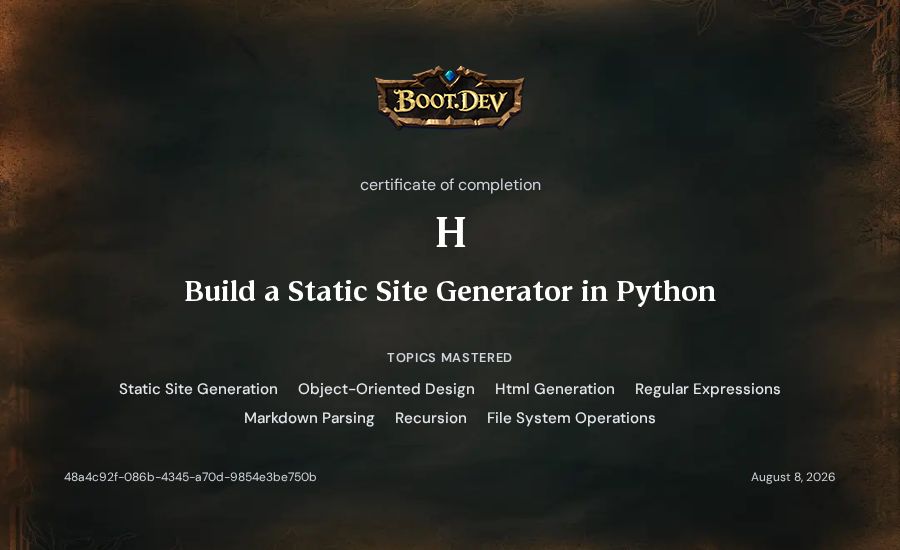 H's Boot.dev Build a Static Site Generator in Python certificate