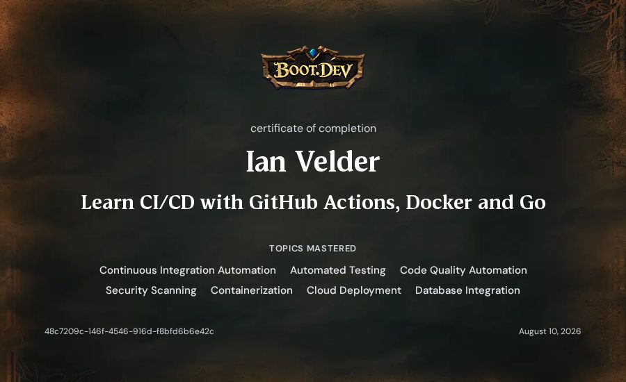Ian Velder's Boot.dev Learn CI/CD with GitHub Actions, Docker and Go certificate