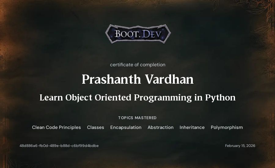 Prashanth Vardhan's Boot.dev Learn Object Oriented Programming in Python certificate