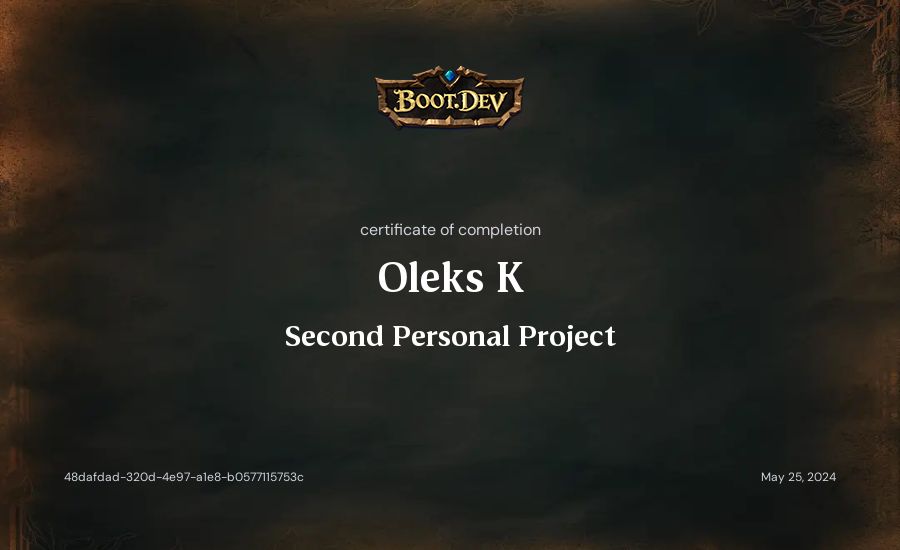 Oleks K's Boot.dev Second Personal Project certificate