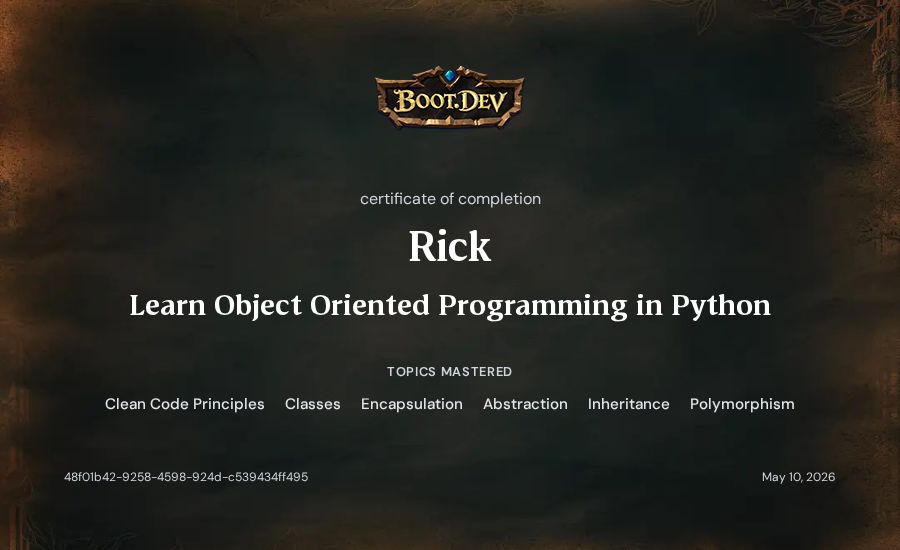 Rick's Boot.dev Learn Object Oriented Programming in Python certificate