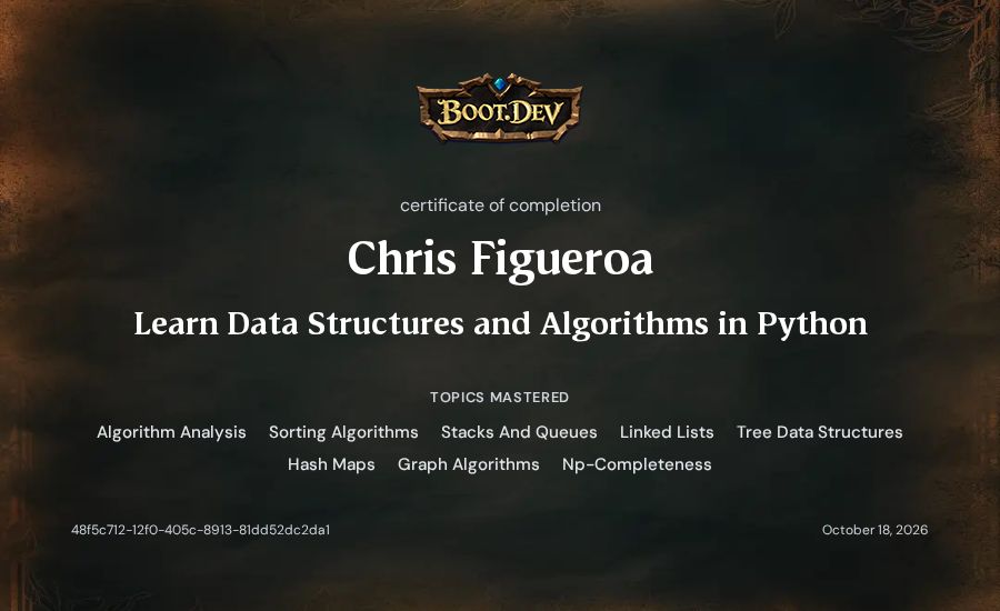 Chris Figueroa's Boot.dev Learn Data Structures and Algorithms in Python certificate