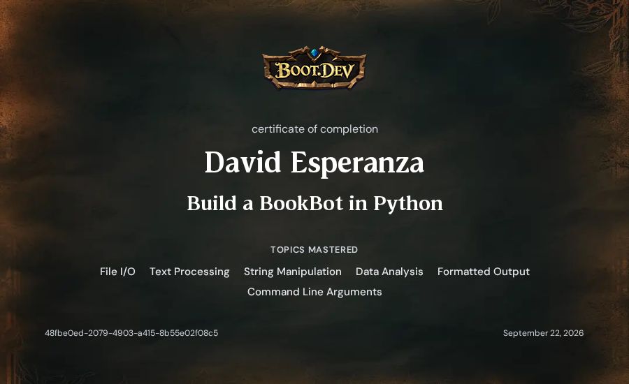 David Esperanza's Boot.dev Build a BookBot in Python certificate