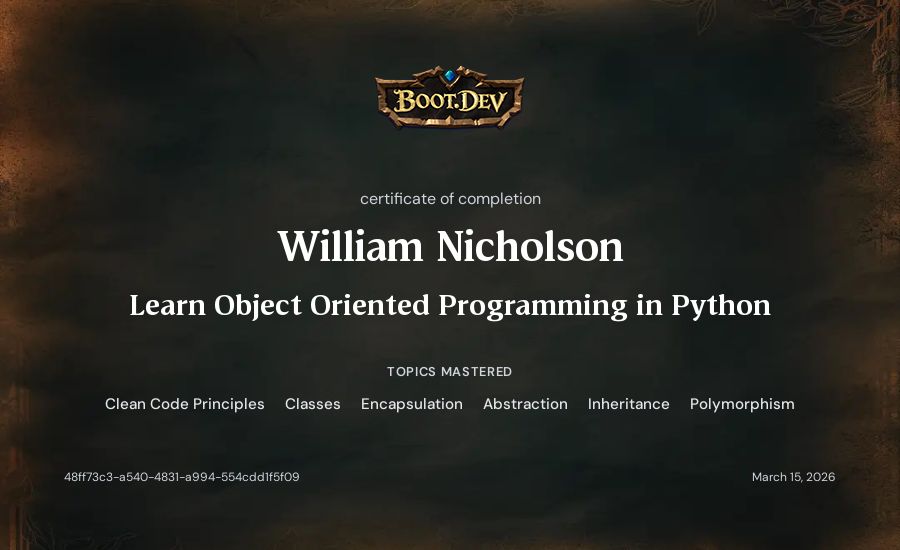 William Nicholson's Boot.dev Learn Object Oriented Programming in Python certificate