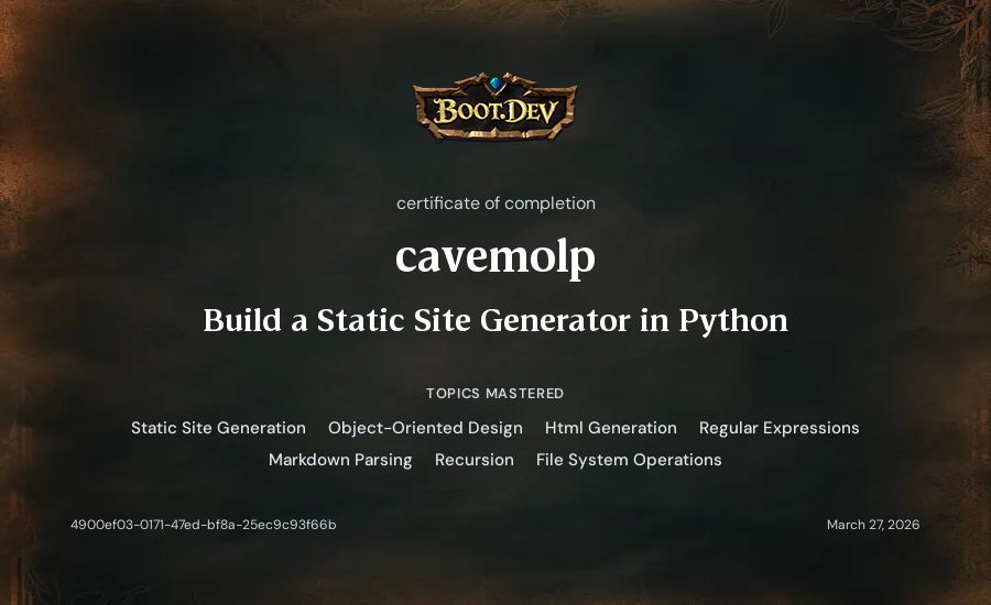 cavemolp's Boot.dev Build a Static Site Generator in Python certificate
