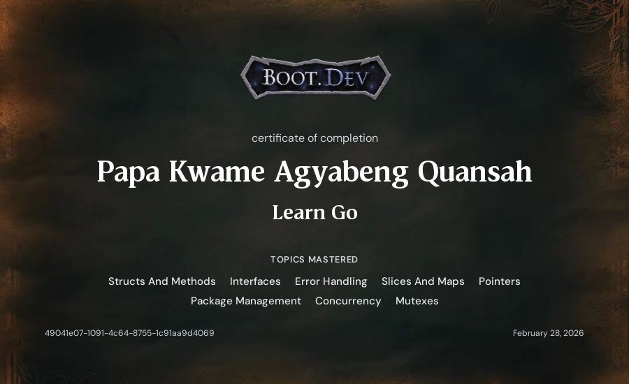 Papa Kwame Agyabeng Quansah's Boot.dev Learn Go certificate