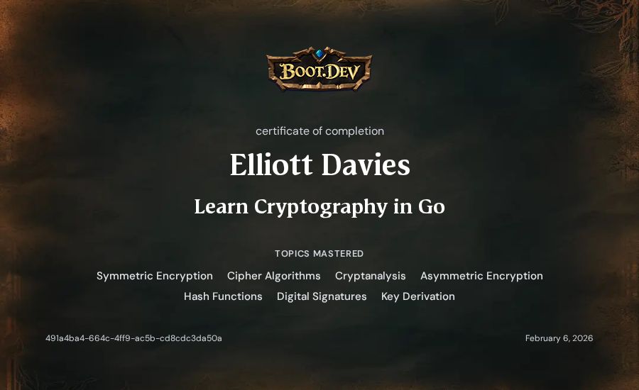 Elliott Davies's Boot.dev Learn Cryptography in Go certificate