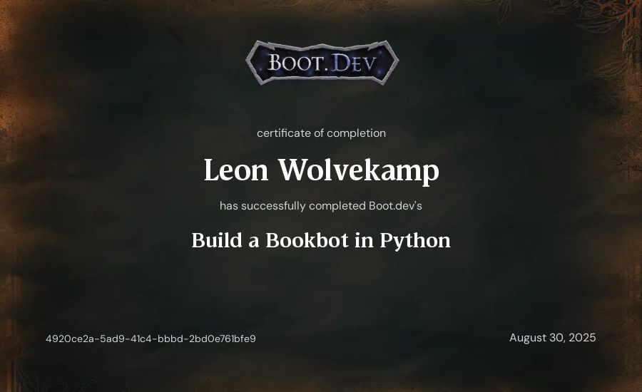 Leon Wolvekamp's Boot.dev Build a BookBot in Python certificate