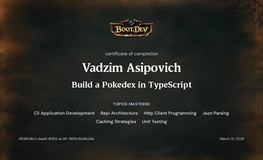 Vadzim Asipovich's Boot.dev Build a Pokedex in TypeScript certificate