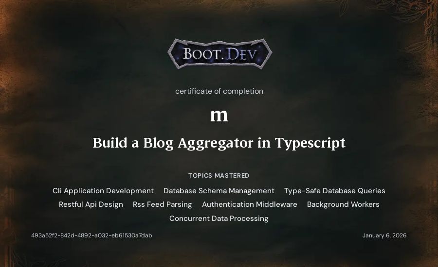 m's Boot.dev Build a Blog Aggregator in TypeScript certificate