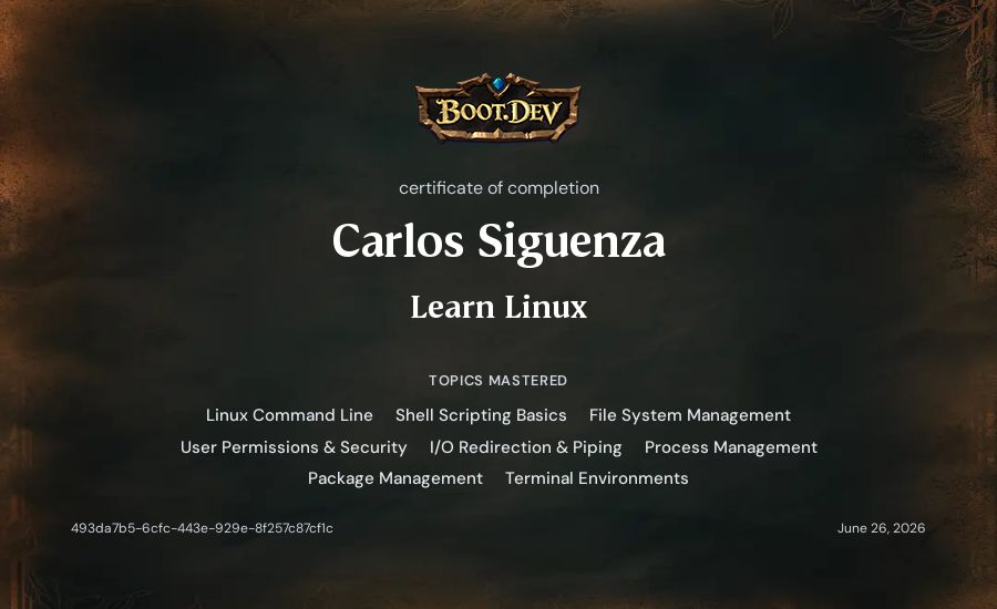 Carlos Siguenza's Boot.dev Learn Linux certificate